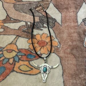 Handmade 🤠Turquoise and Silver Bull Skull Pendant Necklace